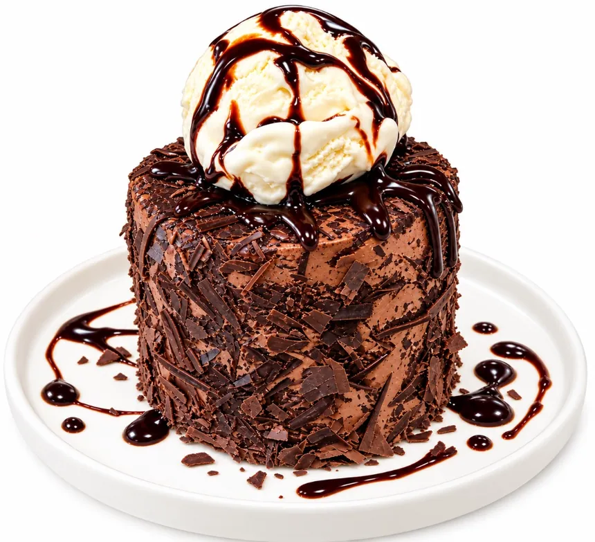 Death by Chocolate Cake topped with ice cream and chocolate drizzle